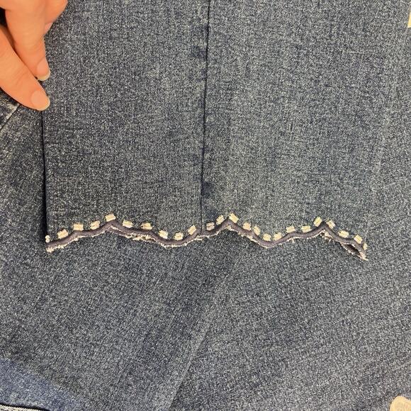 Quacker Factory Medium Denim Capris With Lace Cutouts And Beading Trim - Picture 9 of 11